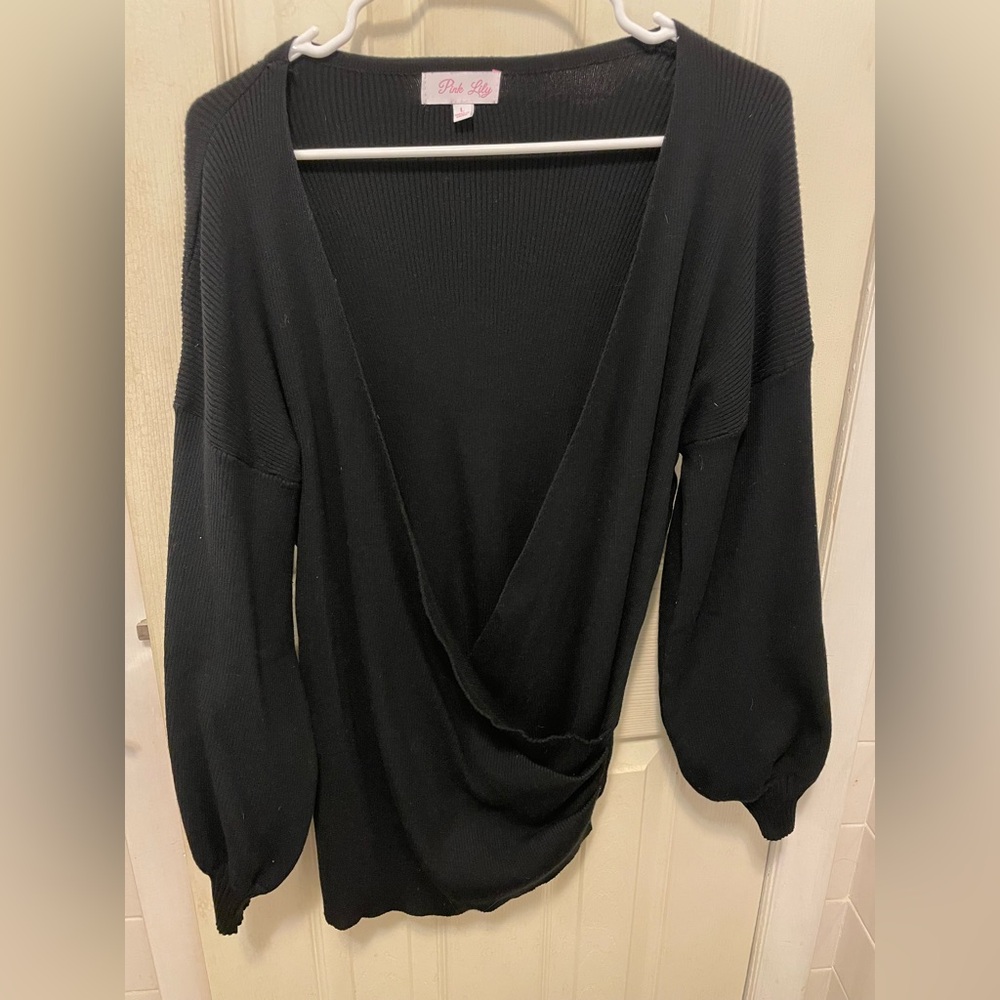 Pink Lily Black Off-the-Shoulder Sweater with Asymmetrical Design